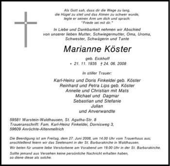 Traueranzeige von Marianne Köster von Tageszeitung