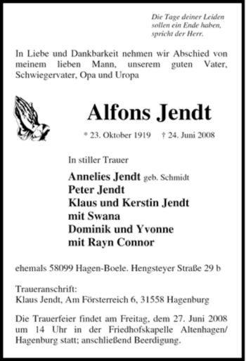 Traueranzeige von Alfons Jendt von Tageszeitung