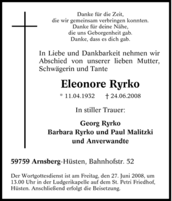 Traueranzeige von Eleonore Ryrko von Tageszeitung
