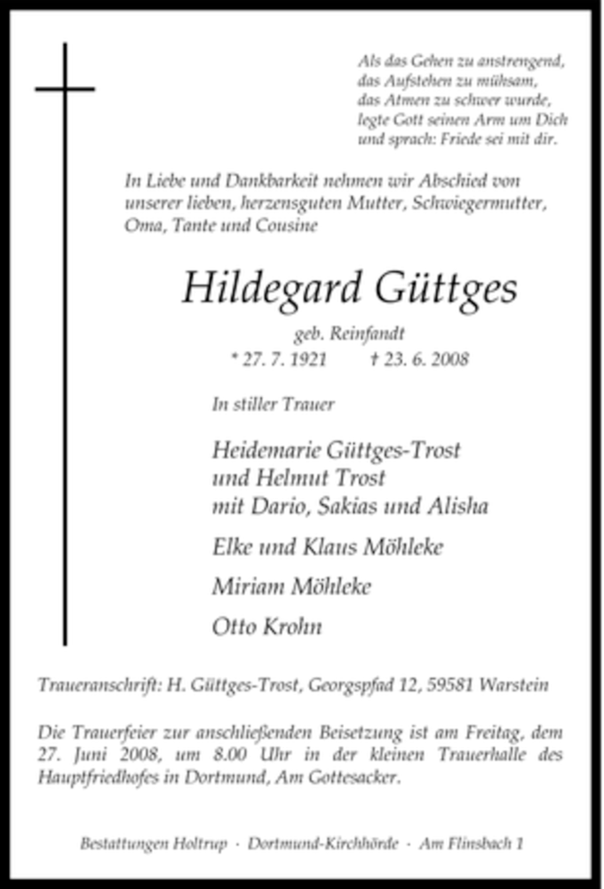  Traueranzeige für Hildegard Güttges vom 26.06.2008 aus Tageszeitung