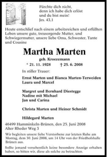 Traueranzeige von Martha Marten von Tageszeitung