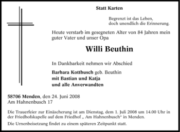 Traueranzeige von Willi Beuthin von Tageszeitung