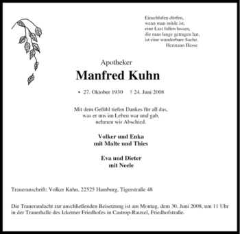 Traueranzeige von Manfred Kuhn von Tageszeitung