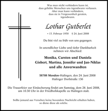 Traueranzeige von Lothar Gutberlet von Tageszeitung