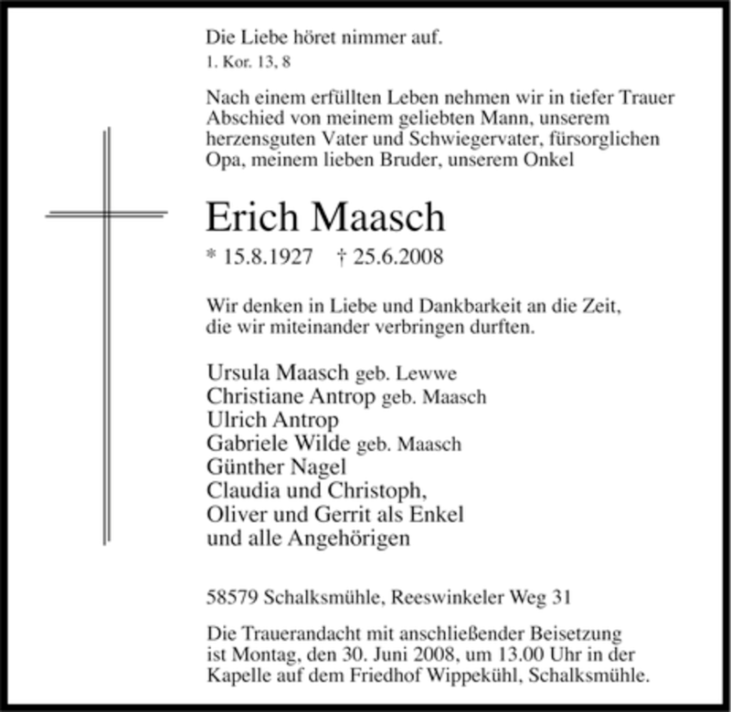  Traueranzeige für Erich Maasch vom 26.06.2008 aus Tageszeitung