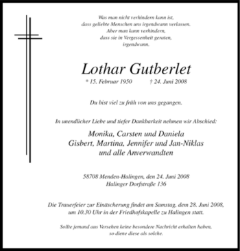 Traueranzeige von Lothar Gutberlet von Tageszeitung