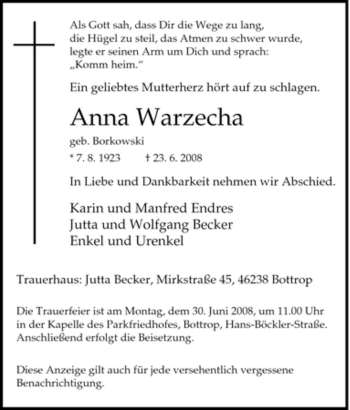 Traueranzeige von Anna Warzecha von Tageszeitung