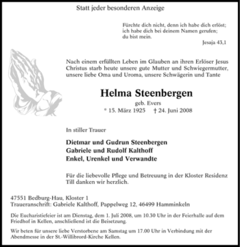 Traueranzeige von Helma Steenbergen von Tageszeitung
