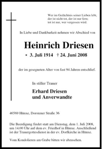 Traueranzeige von Heinrich Driesen von Tageszeitung