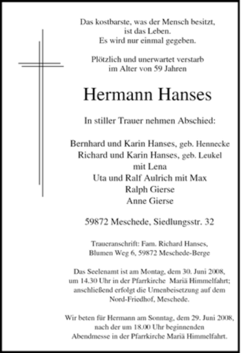 Traueranzeige von Hermann Hanses von Tageszeitung