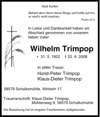 Traueranzeige von Wilhelm Trimpop von Tageszeitung