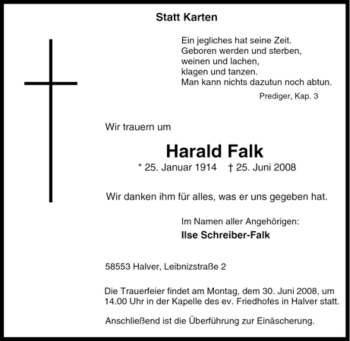 Traueranzeige von Harald Falk von Tageszeitung