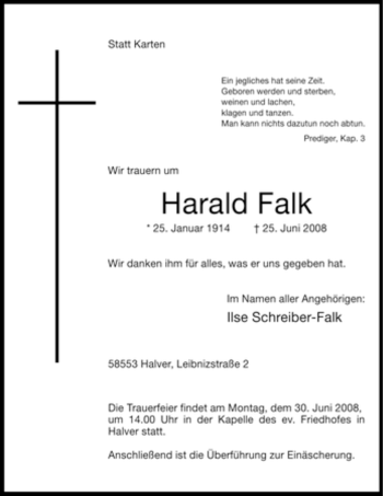 Traueranzeige von Harald Falk von Tageszeitung