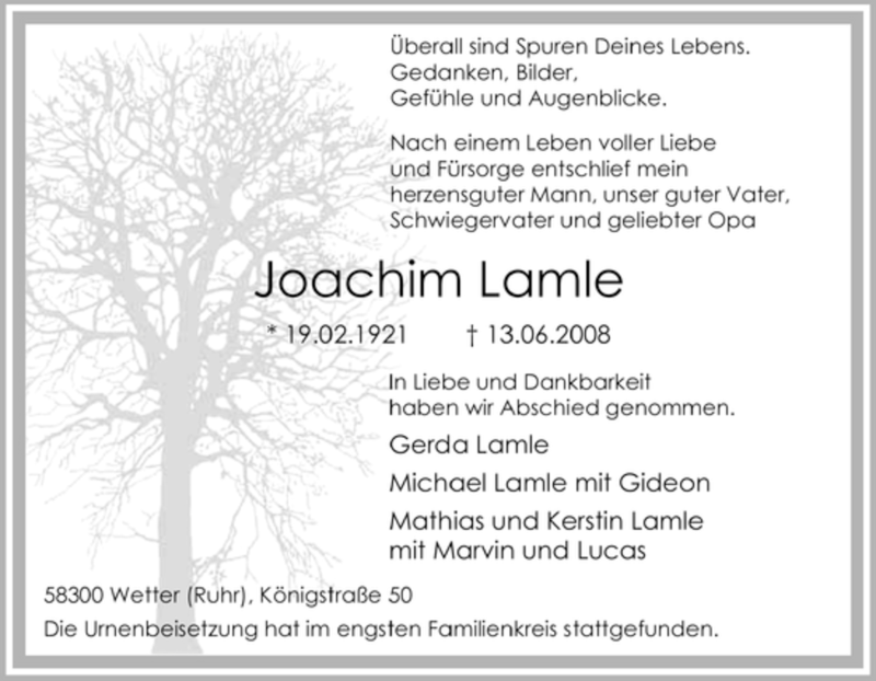  Traueranzeige für Joachim Lamle vom 28.06.2008 aus Tageszeitung