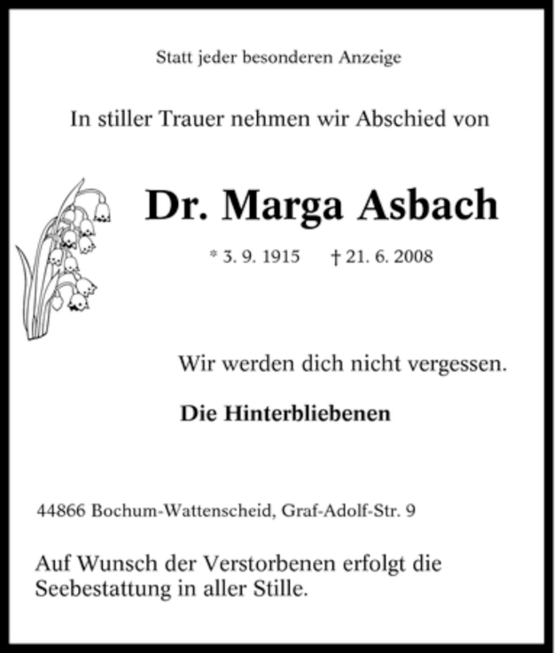  Traueranzeige für Marga Asbach vom 28.06.2008 aus Tageszeitung