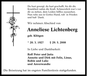 Traueranzeige von Anneliese Lichtenberg von Tageszeitung