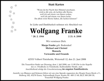 Traueranzeige von Wolfgang Franke von Tageszeitung