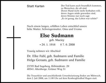 Traueranzeige von Else Sudmann von Tageszeitung