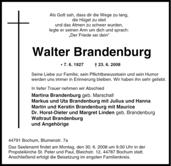 Traueranzeige von Walter Brandenburg von Tageszeitung
