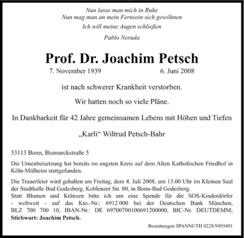  Traueranzeige für Joachim Petsch vom 28.06.2008 aus WESTDEUTSCHE ALLGEMEINE ZEITUNG