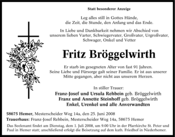 Traueranzeige von Fritz Bröggelwirth von Tageszeitung