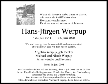Traueranzeige von Hans-Jürgen Werpup von Tageszeitung