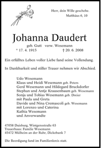 Traueranzeige von Johanna Daudert von Tageszeitung