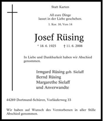 Traueranzeige von Josef Rüsing von Tageszeitung