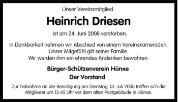 Traueranzeige von Heinrich Driesen von Tageszeitung
