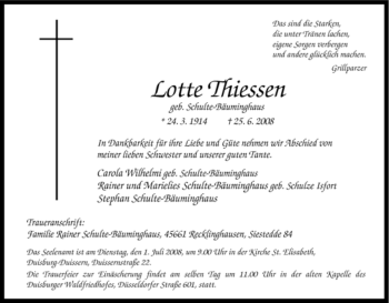 Traueranzeige von Lotte Thiessen von Tageszeitung