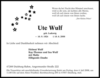 Traueranzeige von Ute Wulf von Tageszeitung