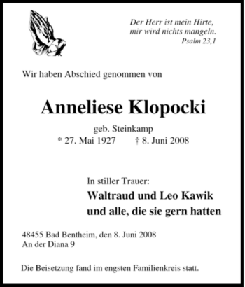 Traueranzeige von Anneliese Klopocki von Tageszeitung