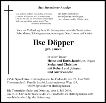 Traueranzeige von Ilse Döpper von Tageszeitung
