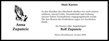 Traueranzeige von Anna Zupancic von Tageszeitung