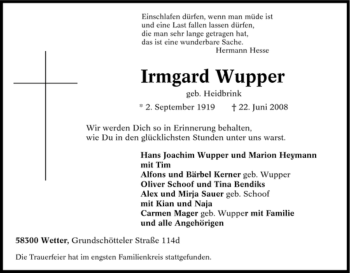 Traueranzeige von Irmgard Wupper von Tageszeitung