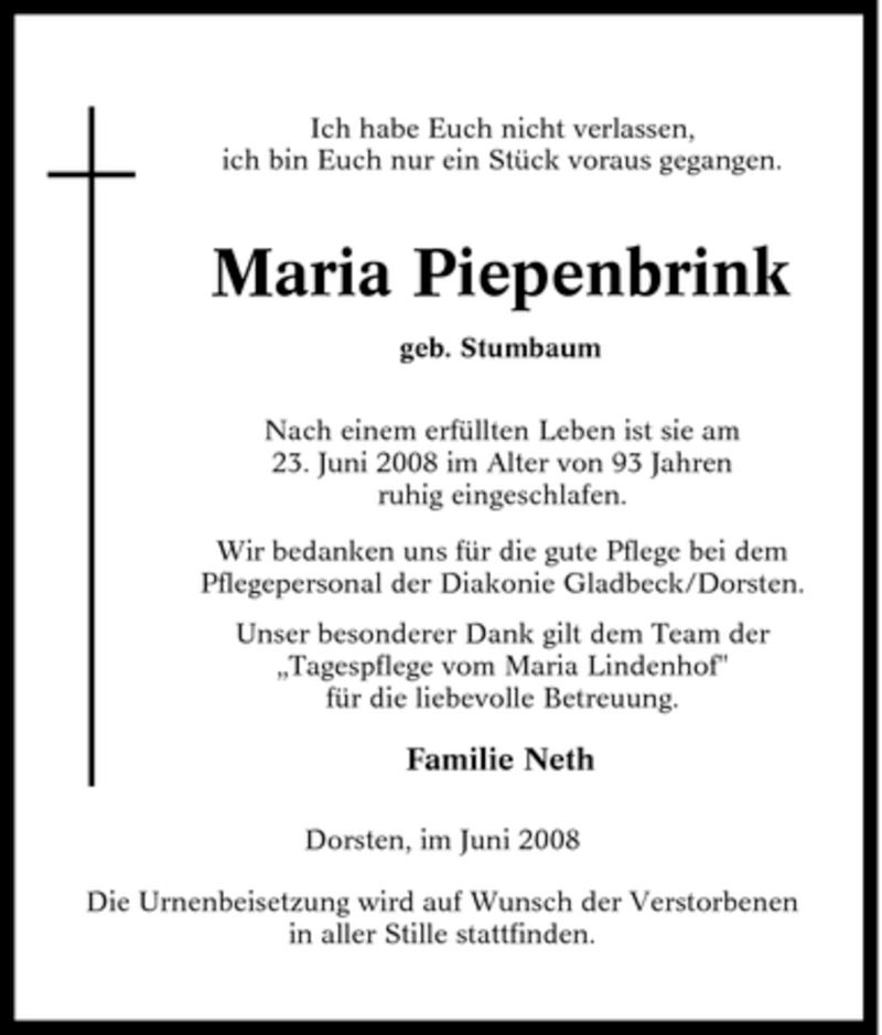  Traueranzeige für Maria Piepenbrink vom 28.06.2008 aus Tageszeitung