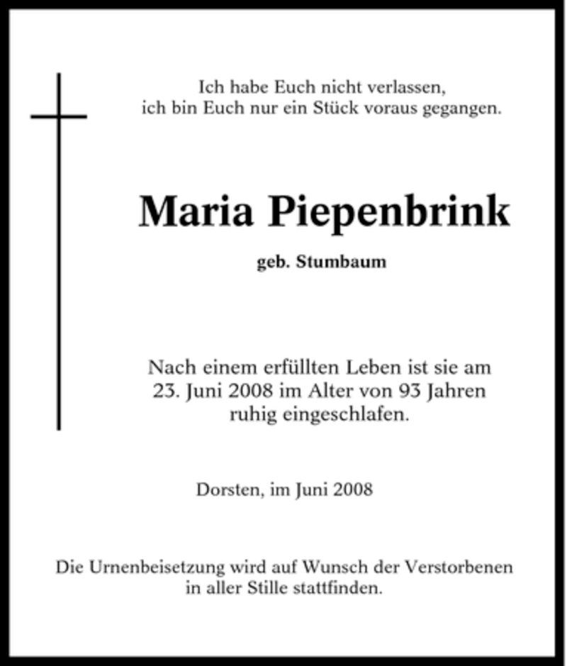  Traueranzeige für Maria Piepenbrink vom 28.06.2008 aus Tageszeitung