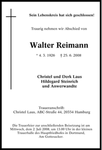 Traueranzeige von Walter Reimann von Tageszeitung