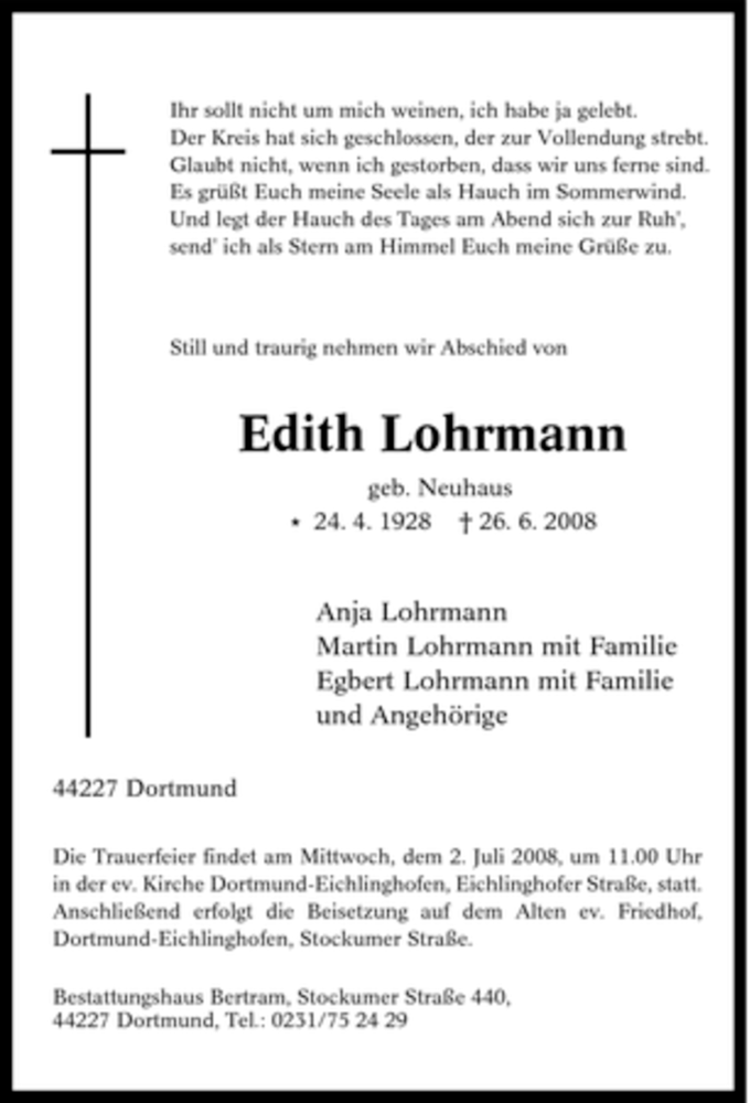  Traueranzeige für Edith Lohrmann vom 28.06.2008 aus Tageszeitung