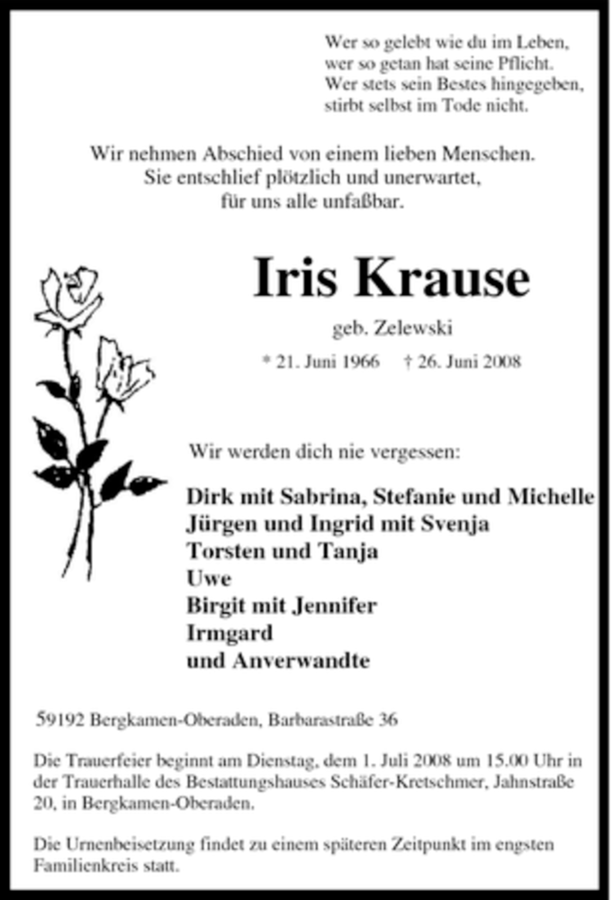  Traueranzeige für ris Krause vom 28.06.2008 aus Tageszeitung