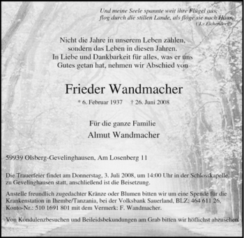 Traueranzeige von Frieder Wandmacher von Tageszeitung