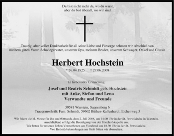 Traueranzeige von Herbert Hochstein von Tageszeitung