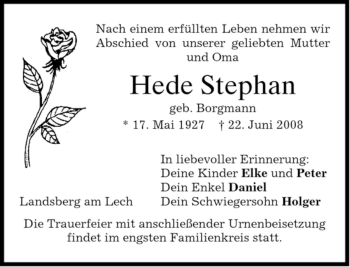 Traueranzeige von Hede Stephan von Tageszeitung