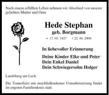 Traueranzeige von Hede Stephan von Tageszeitung