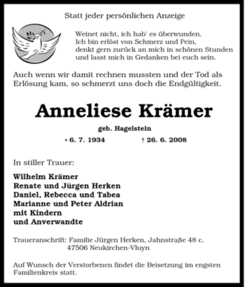 Traueranzeige von Anneliese Krämer von Tageszeitung