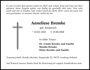 Traueranzeige von Anneliese Bremke von Tageszeitung