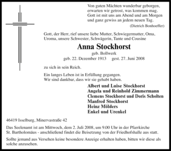 Traueranzeige von Anna Stockhorst von Tageszeitung
