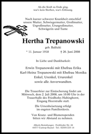 Traueranzeige von Hertha Trepanowski von Tageszeitung