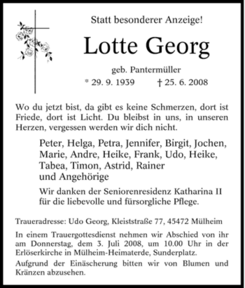 Traueranzeige von Lotte Georg von Tageszeitung