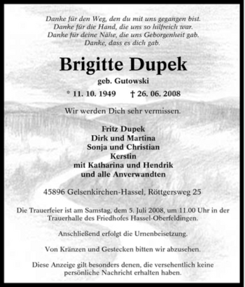 Traueranzeige von Brigitte Dupek von Tageszeitung